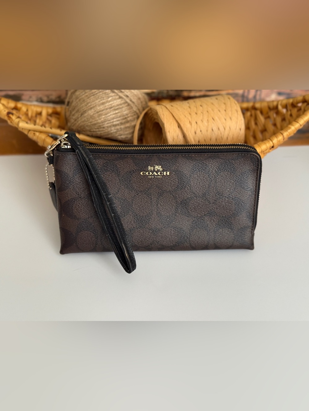 Coach Signature Double Zip Wristlet Dark Brown/Black (Read Description)